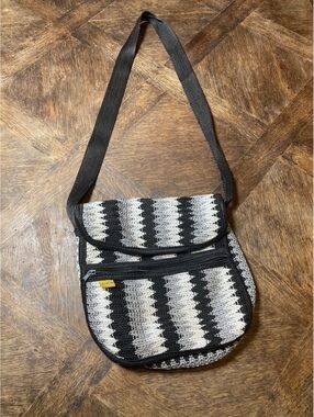 Cottage core boho style black, gray and white woven crossbody purse